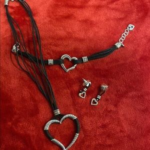 Brighton Leather and Silver Heart necklace, bracelet and matching earrings w/tin